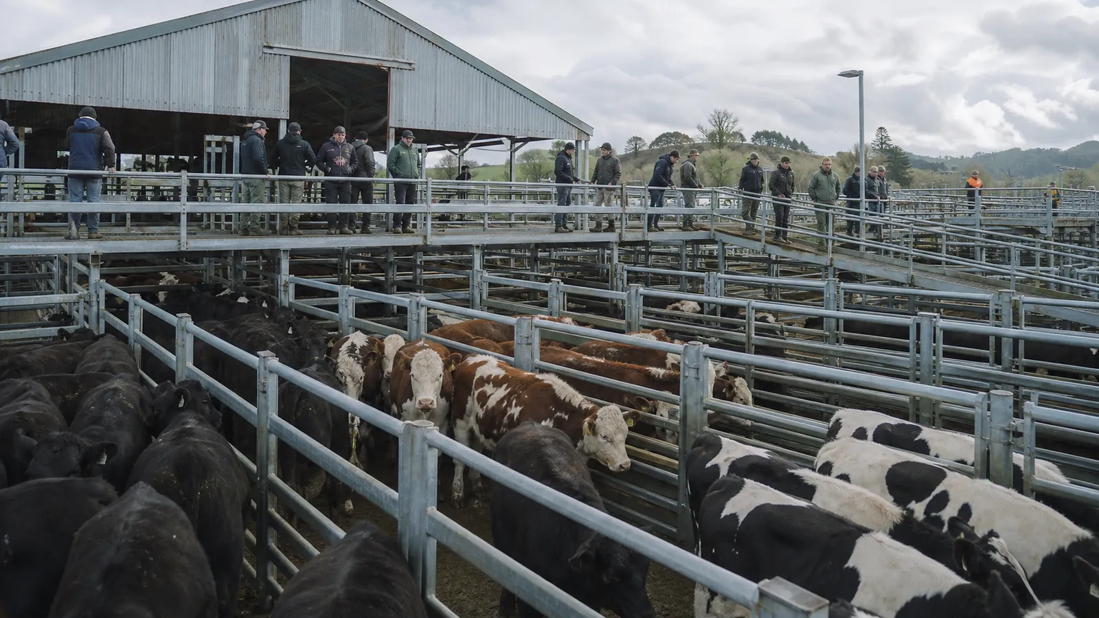 Mixed cattle and buyers at a New Zealand-style livestock centre