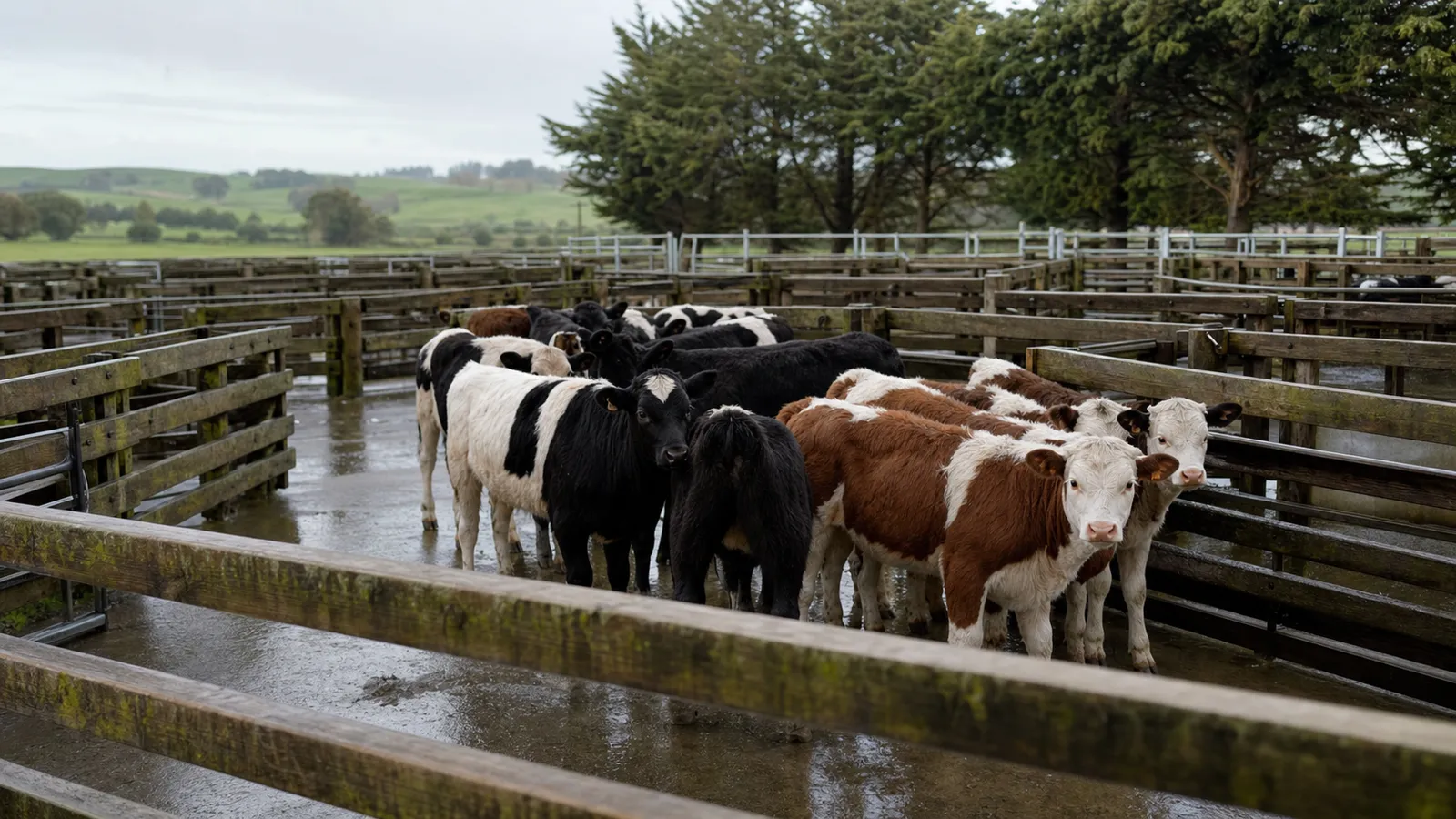 Feeder calves in rain-washed timber saleyard pens