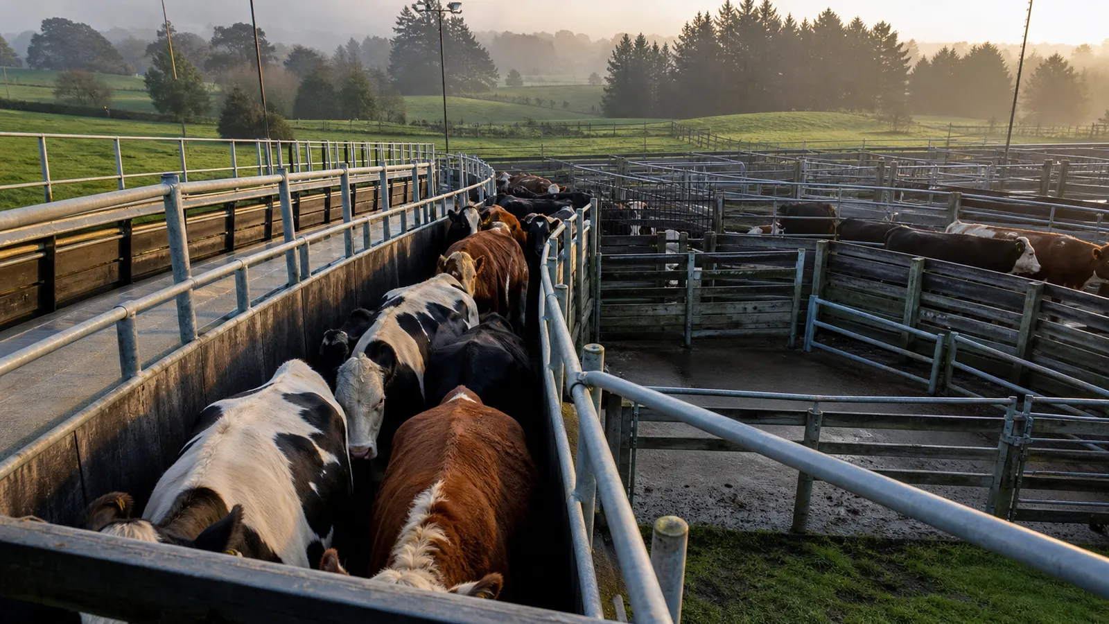 Cattle moving through a curved saleyard drafting race