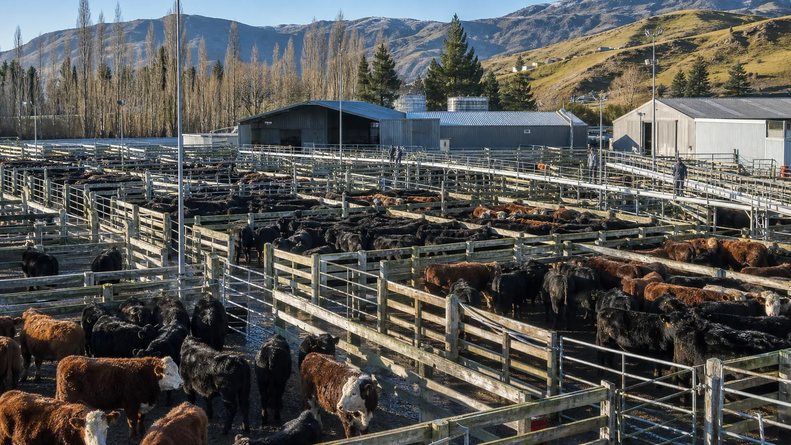 A large South Island-style cattle saleyard viewed from above