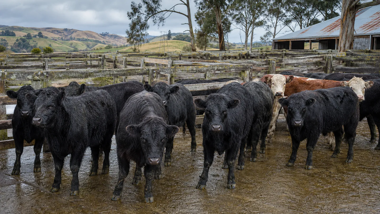 Angus steers in weathered timber saleyard pens
