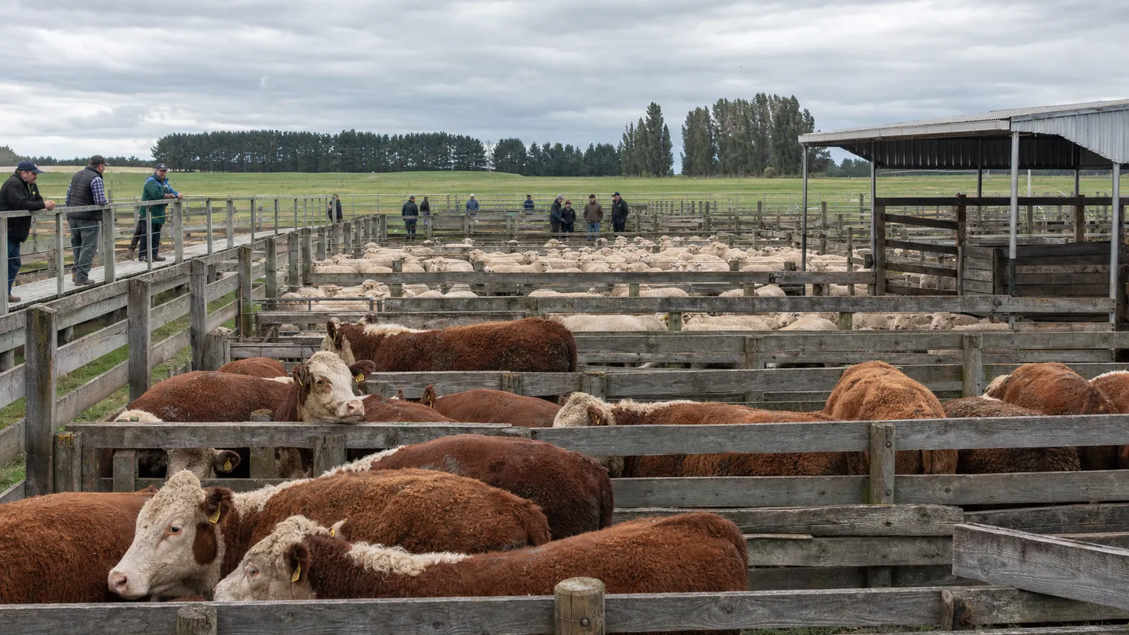 Cattle and sheep in separate New Zealand-style saleyard pens
