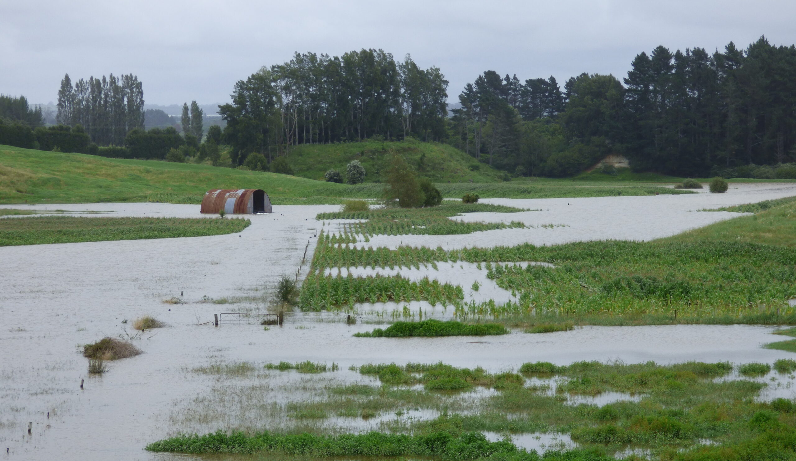 Floodwater covering fields and part of a farm shed.